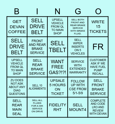 SERVICE DRIVE Bingo Card