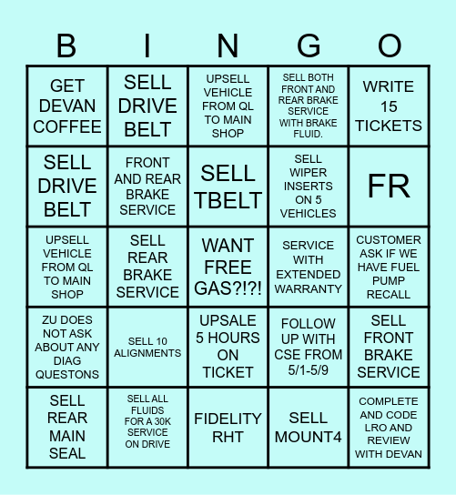 SERVICE DRIVE Bingo Card