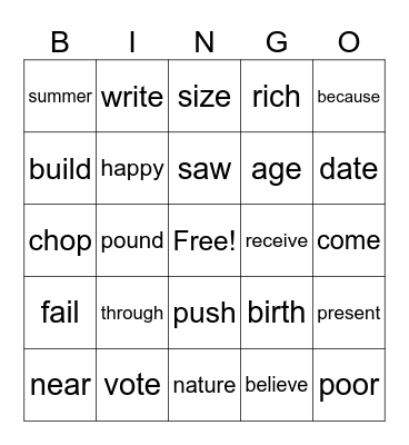 Spelling Words Bingo Card