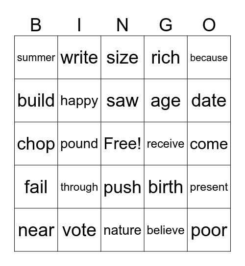 Spelling Words Bingo Card