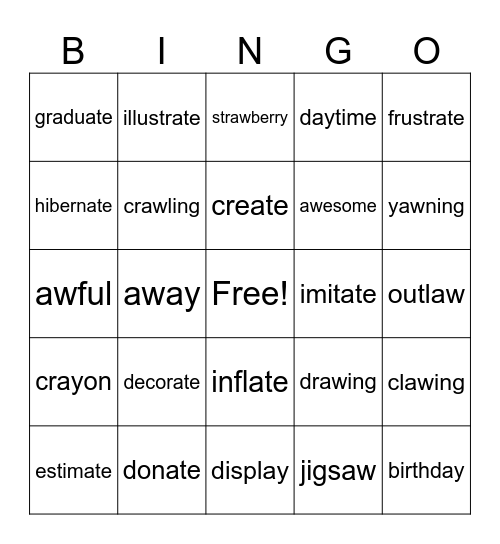 Polysyllabic Words Bingo Card