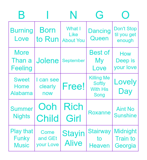70's Music Bingo Card
