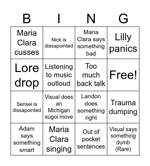 J-Class Out of Context Bingo Card