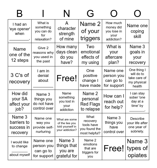 Recovery Bingo Card