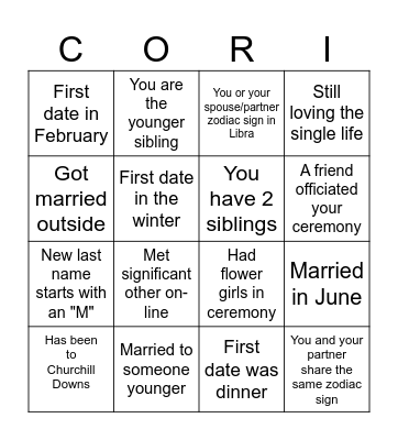 Mrs. Meyer's Wedding BINGO Card