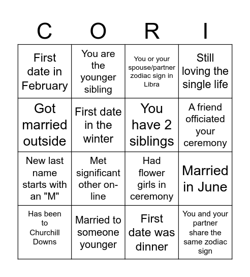 Mrs. Meyer's Wedding BINGO Card