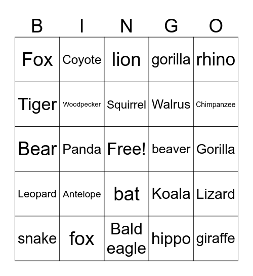 Wild Animals Bingo Card