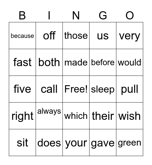 Sight Words Bingo Card