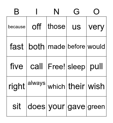 Sight Words Bingo Card