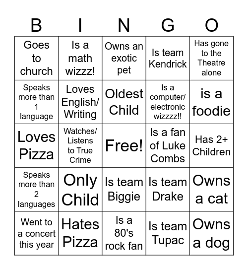 Get to know you BINGO Card