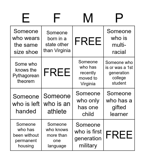 EFMP Intersectionality Bingo Card