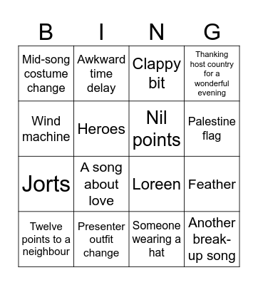 eurovision Bingo Card