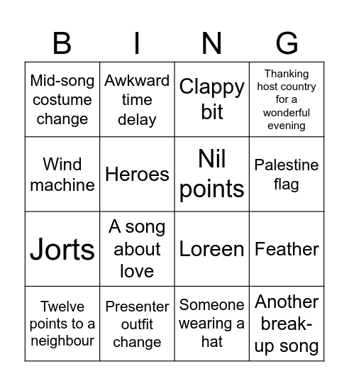 eurovision Bingo Card
