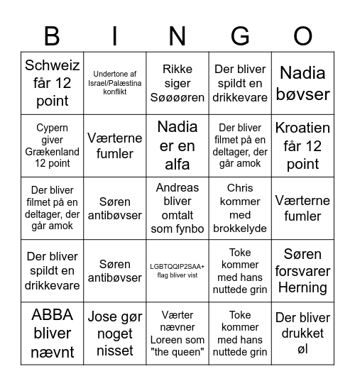 GESA-Eurovision-aften Bingo Card
