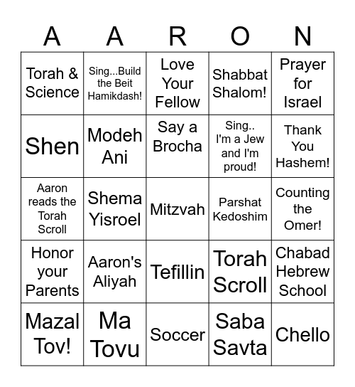 Aaron's Bar Mitzvah Bingo Card