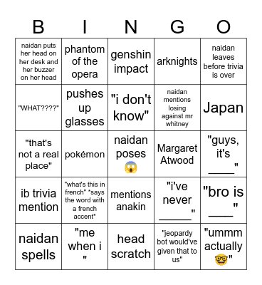 naidan trivia bingo Card