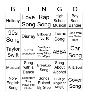 Nectar Cocktail Bar Karaoke Bingo Card
