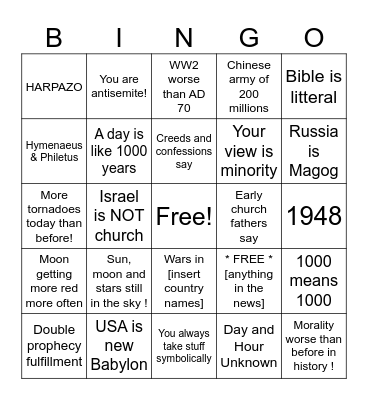 Debating premils and dispensationalists online Bingo Card