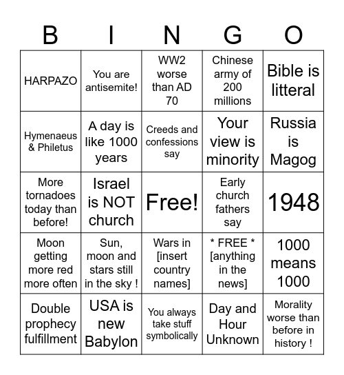Debating premils and dispensationalists online Bingo Card