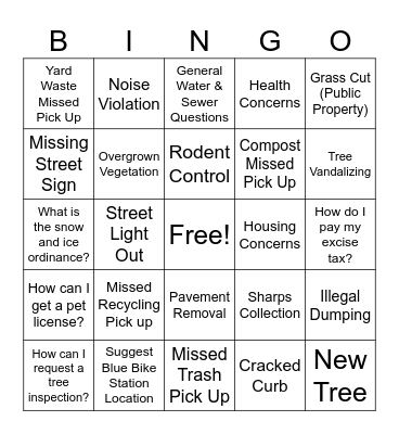 When Should I call 311? Bingo Card