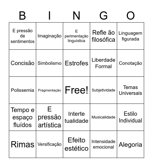 características dos poemas Bingo Card