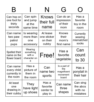 Pre-k Bingo Card