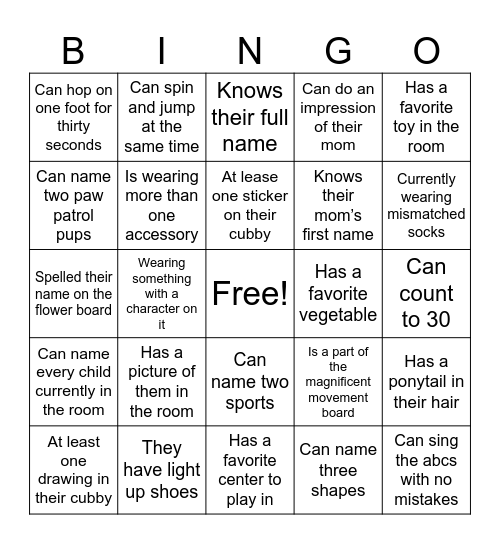 Pre-k Bingo Card