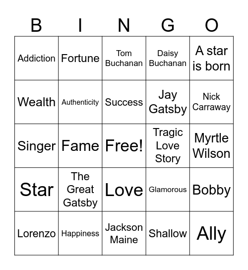 A star is born / The Great Gatsby Bingo Card