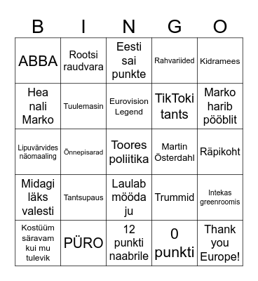 Eurovision 2024 Bingo Card