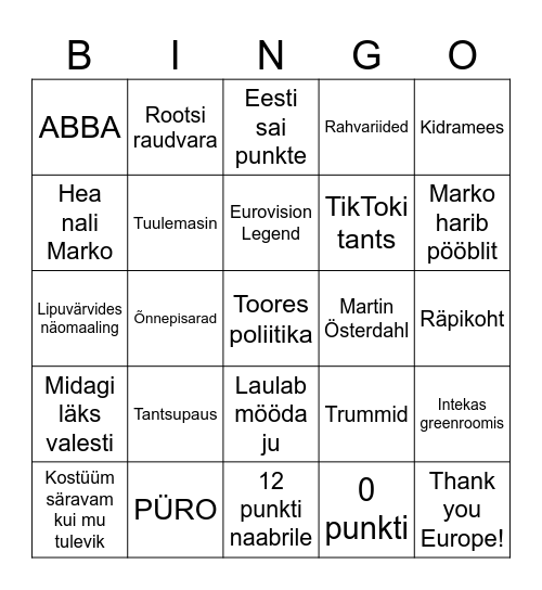 Eurovision 2024 Bingo Card