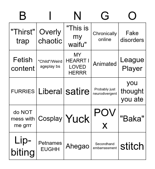 CRINGE BINGO!!!! Bingo Card