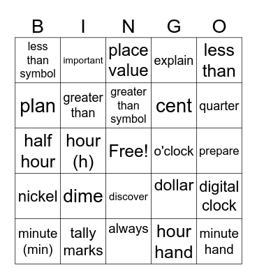 1st Grade Math Vocabulary Bingo Card