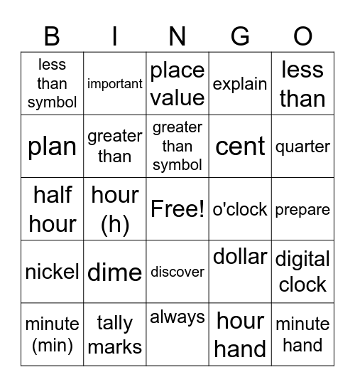 1st Grade Math Vocabulary Bingo Card