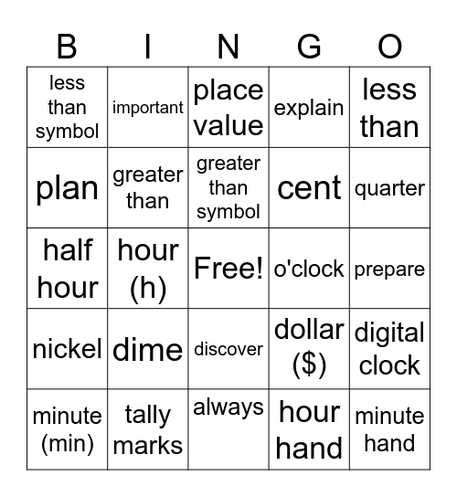 1st Grade Math Vocabulary Bingo Card