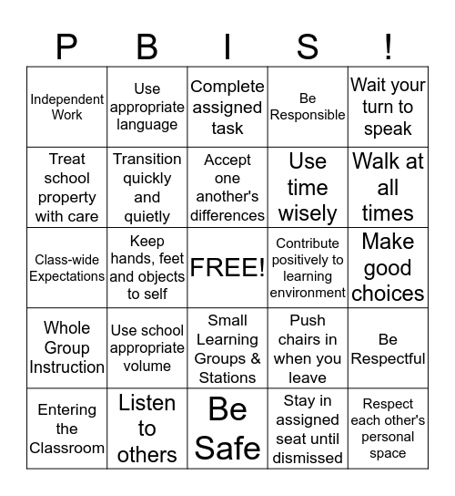 PBIS Classroom Matrix Bingo Card