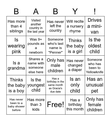 Baby Shower Bingo: Find someone who meets the description on the card. When you get five in a row, win a prize! Bingo Card