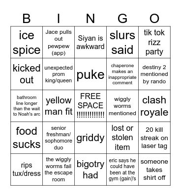 prom bingo Card