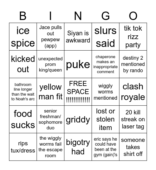 prom bingo Card