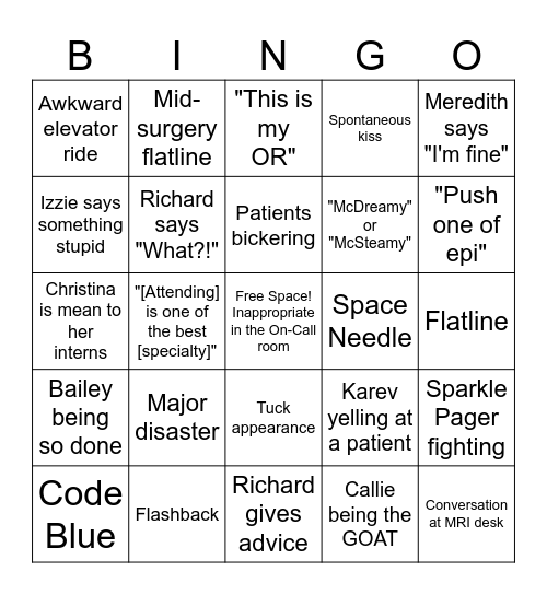 Grey's Anatomy BINGO (season 4) Bingo Card