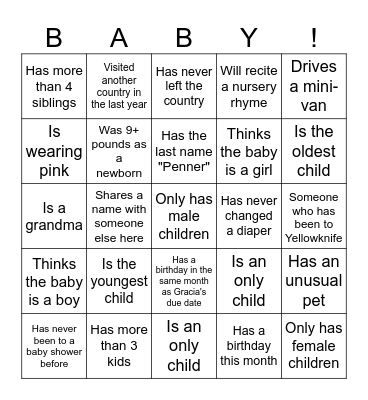 Baby Shower Game: Find someone who meets the description on the card. When you get them all, shout it out and win a prize! Bingo Card
