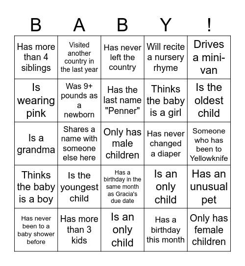 Baby Shower Game: Find someone who meets the description on the card. When you get them all, shout it out and win a prize! Bingo Card
