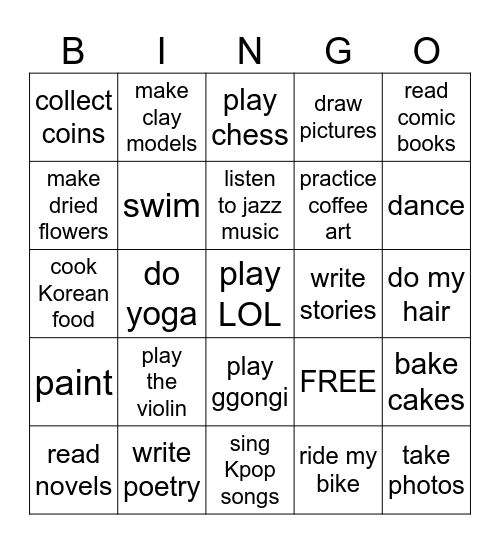 hobbies Bingo Card