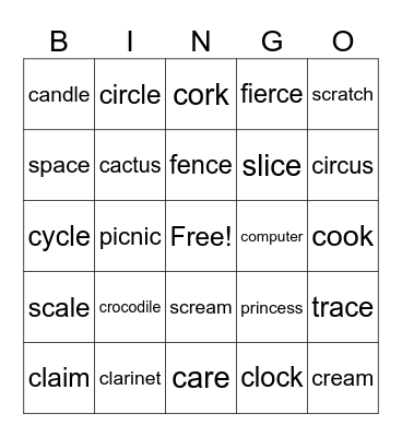 Hard c vs. Soft c Bingo Card