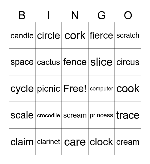 Hard c vs. Soft c Bingo Card