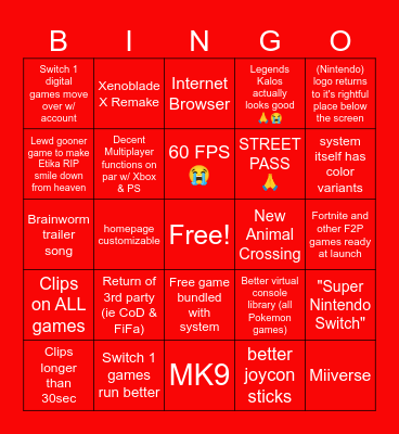 New Super Nintendo Switch 2 XL Bingo Card