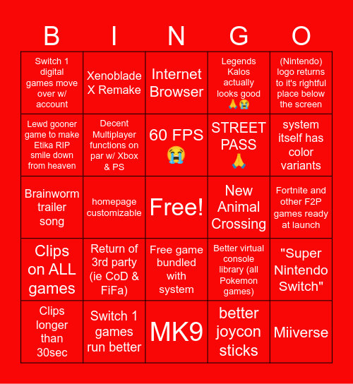 New Super Nintendo Switch 2 XL Bingo Card