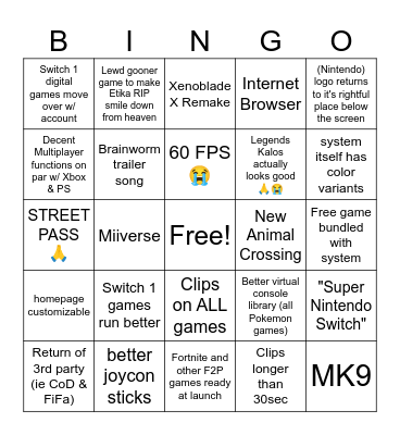 New Super Nintendo Switch 2 XL Bingo Card