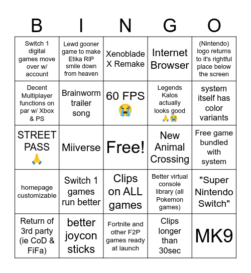 New Super Nintendo Switch 2 XL Bingo Card