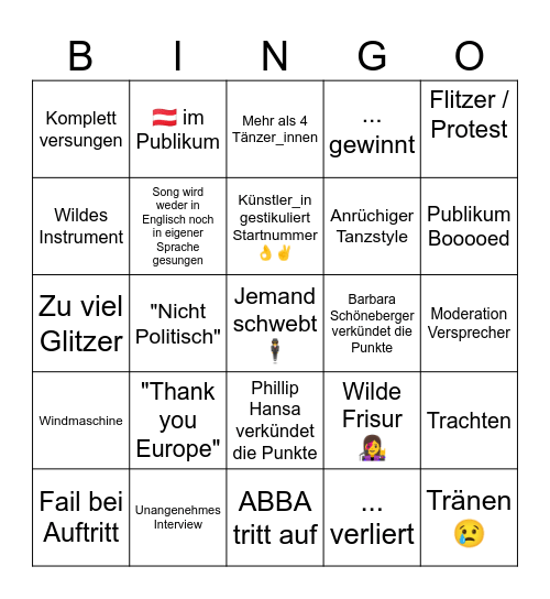 Songcontest Bingo Card