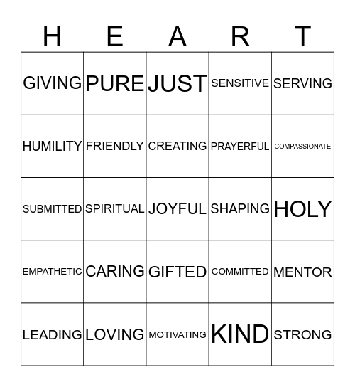 The Heart of A Servant Bingo Card